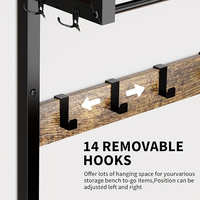 Entryway Halltree Organizer Bench Rack System Featuring Two Slide Drawers, Triple Shoe Tiers, Upper Guarded Shelf, Hanging Rod, TwentyThree Hooks, Adjustable Feet, AntiTip Hardware, Rustic Style