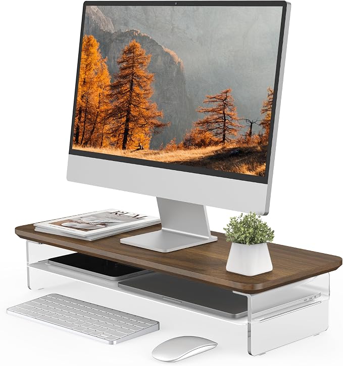 Fenge 23.6" Monitor Stand with Clear Acrylic Legs, Brown | Clear acrylic, storage compartment, 2-tier home office monitor riser, wide large desktop shelf fit monitor/laptop/printer