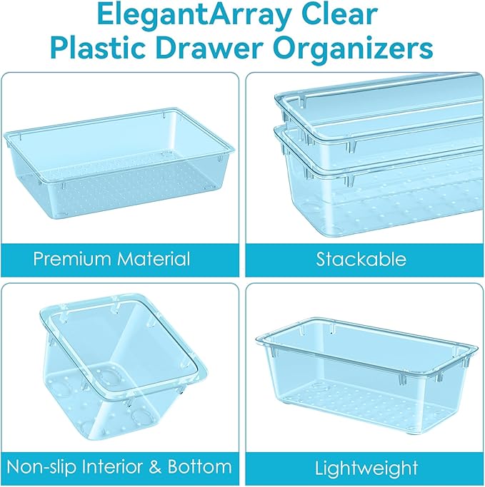 ElegantArray 12 PCS Drawer Organizer Set, Makeup Organizers, Sea Blue | 4 Sizes, Plastic, Stackable, Multiple Gadgets, Desk Drawer Divider Organizers, for Makeup, Office Supplies Storage