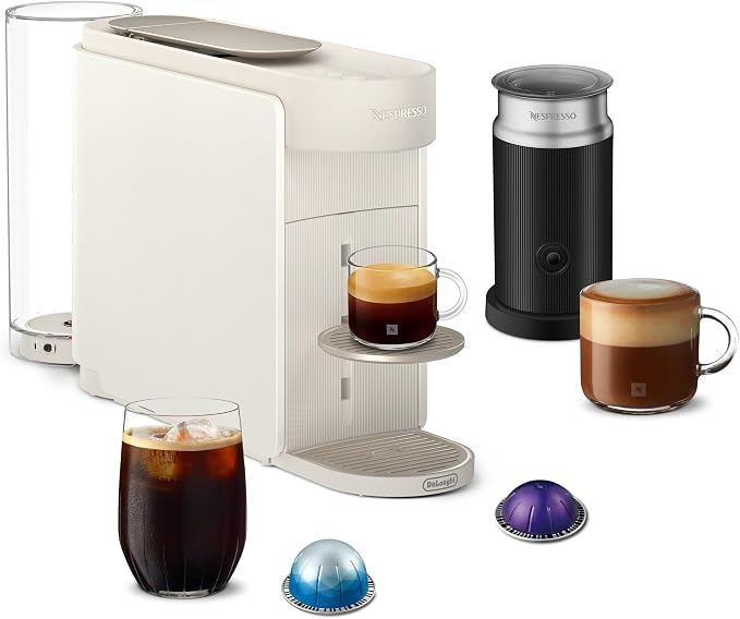 Nespresso Vertuo Up Coffee Machine with Milk Frother, White | Coffee and espresso maker by De'Longhi with 3 second start and iced mode. Aeroccino3 bundle for hot or cold milk foam.