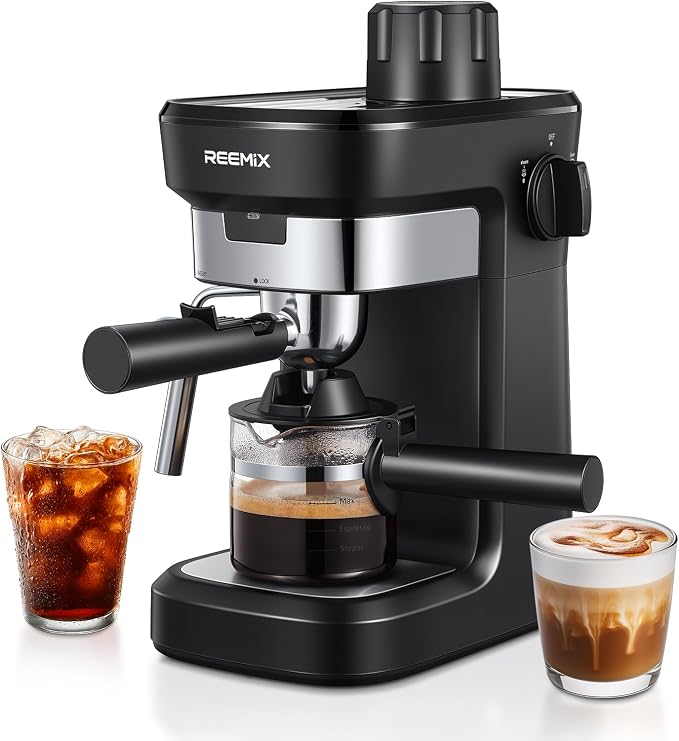 Reemix Espresso Machine 6 Bar, Rich Crema Coffee Maker | Auto Pressure Relief, Compact Home Coffee Brewer Machine, Black