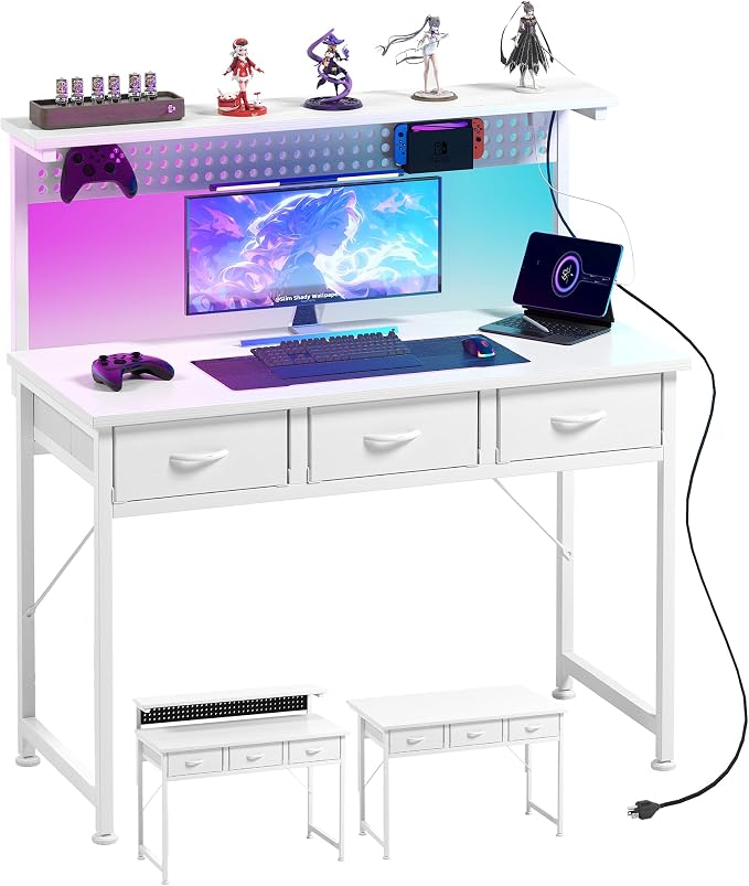 MUTUN Computer Desk with Drawers, 40 Inch Computer Desk with Power Outlet & LED Light, Gaming Desk with Adjustable Monitor Stand & Pegboard, Modern PC Study Writing Table for Bedroom, White