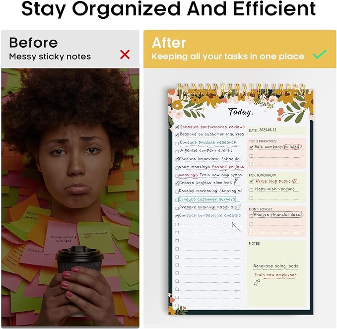 Taja To Do List Notepad, Undated Daily Planner for Work and Goal Setting | Rustic Floral, 52 Sheets, 9.8" x 6.5" , for Office, Home and school, Daily Task Planning, Notes and Everyday Organization