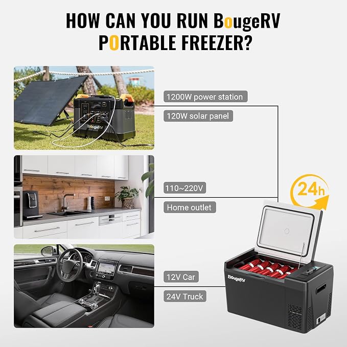 BougeRV 12 Volt Refrigerator 12V Car Fridge 23 Quart Portable Freezer Compressor Cooler 12/24V DC 110~240V AC for Truck Van RV SUV Boat Travel Camping Road Trips Tailgating -8℉~50℉ (Black)