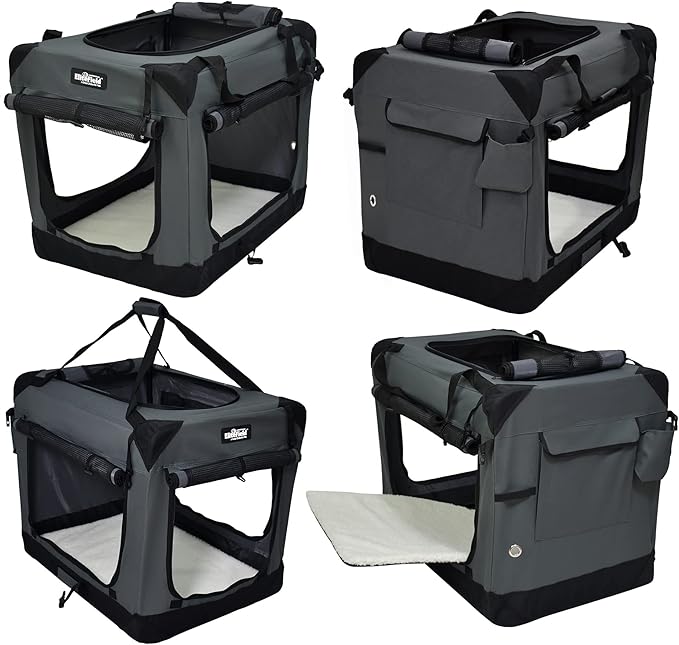 EliteField 4-Door Folding Soft Dog Crate with Curtains, Carrying Bag and Fleece Bed (2 Year Warranty), Indoor & Outdoor Pet Home (42" L x 28" W x 32" H, Gray+4 Door Curtains)
