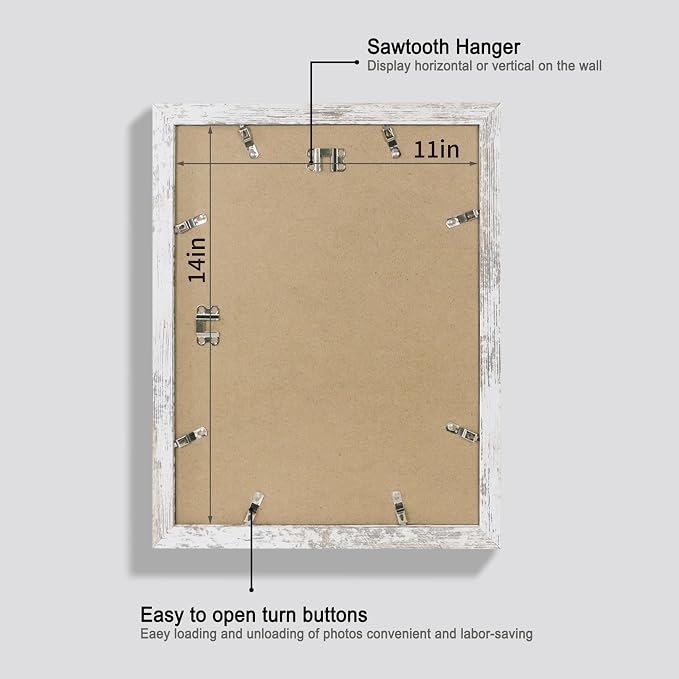Hongkee 11x14 Picture Frame Set of 4, Made of Glass and Distressed White Wooden Frame, Display 8x10 Pictures with Mat or 11 x 14 Posters without Mat for Wall Mounting, Gallery Photo Frames