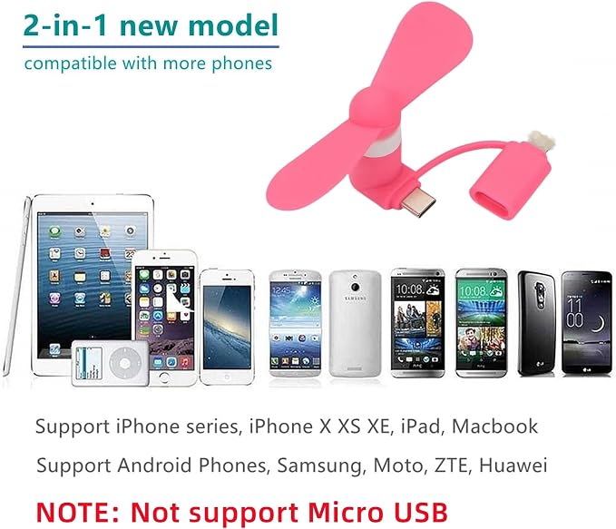 Type USB C 2-in-1 Cell Phone Fan, for iPhone All Series 7 8 X 11 12 13 14 15 16 17 XS XR Plus Mini Pro Max SE, for Samsung Galaxy S, Z Fold Flip, A1/A2/A3/A5 Series, M1/M3/M5, Note Series (Color x6)