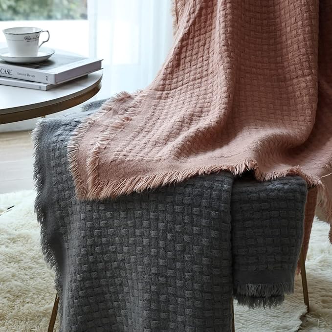 CREVENT Farmhouse Waffle Knit Throw Blanket for Couch Sofa Chair Bed Home Decoration, Soft Warm Cozy Light Weight for Spring Summer Fall (50''X60'' Coral Pink)