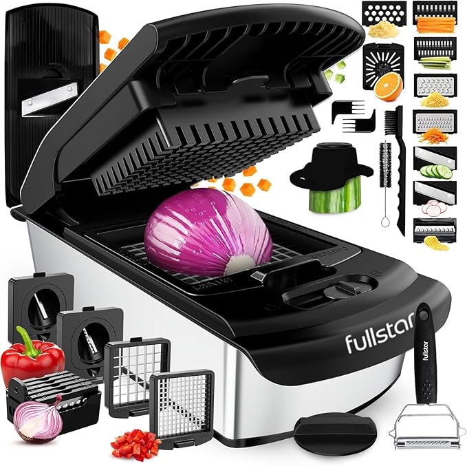 Fullstar Pro Original Vegetable Chopper & Mandoline Slicer Kitchen Gadget | 14 in 1 Veggie Slicer, Onion & Fruit Cutter with Sharp Stainless Steel Blades & Container (Stainless Steel)