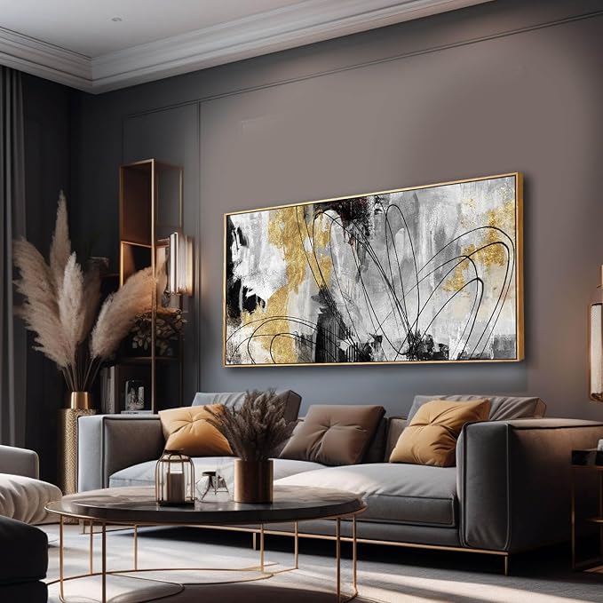 YJYart Abstract Wall Art Office Decor Gold Wall Decor for Living Room Black and White Artwork Line Art Frame Room Decor for Bedroom 24X48 Inch