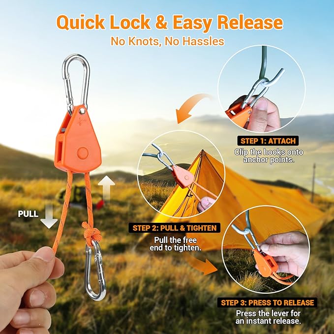 Longer 15ft Paracord Rope Tie Down Ratchet Strap Small Reflective Portable Adjustable Fix Camping Rope Tent Tarp Tie Downs Grow Plant Light Hangers Pulley Tightener Tensioner Adjuster 1/8in 8Pack