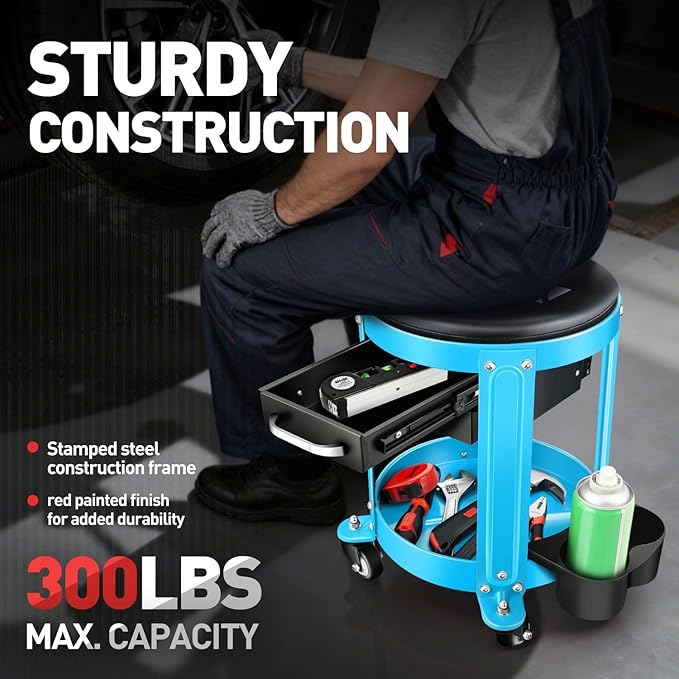 DNA Motoring Round Mechanics Roller Seat Creeper Stool with Padded Cushion, Tool Storage Drawer & Tray, 300 Lbs Max Weight Capacity, Blue, TOOLS-00492