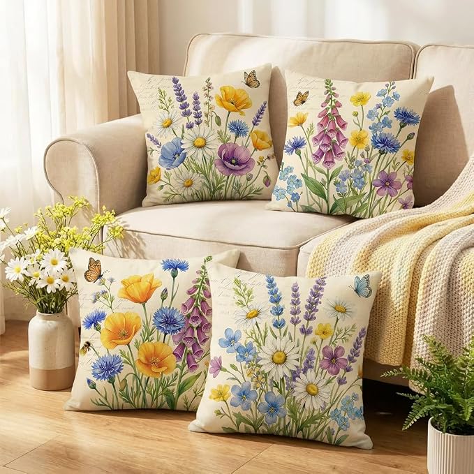 wyooxoo Throw Pillow Covers 18x18 Set of 4 Spring Pillow Covers Linen Flower Farmhouse Cushion Case for Sofa Couch Living Room Outdoor Home Decor