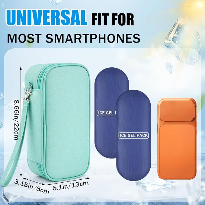 Phone Cooler Bag for Beach, Portable Phone Cooling Pouch with 2 Reusable Ice Packs, Keeps Cool in Extreme Heat for Car Pool Hiking, Extends Battery Life, Fits All Smartphones(Green,Fabric)