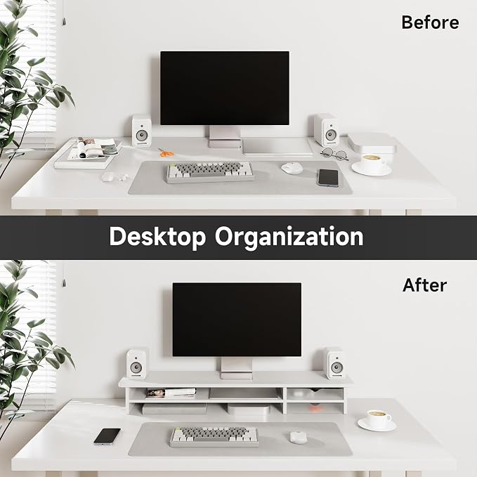 Fenge Monitor Stand, Dual Monitor Riser, 42.5inch Large Desk Computer Monitor Stand Riser with Drawer, 2 Tier Wood & Acrylic Desktop Organizer for Computer, Laptop, Printer, TV Screen Riser