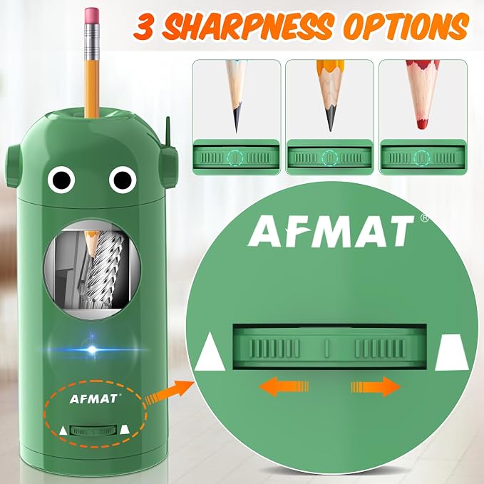 AFMAT Electric Pencil Sharpener for Colored Pencils 7-11.5mm, Fully Automatic Robot Pencil Sharpener, Auto in & Out, Rechargeable Hands-Free for Classroom/Home/Office, Battery Operated, PSX5RB, Green
