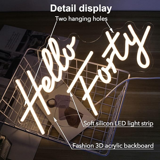 LED Neon Sign for 40th Birthday Decor, 16.5x9.4 Inch Dimmable USB Wall Art with Acrylic Backboard - Warm White Glow for Bedroom, Office, Salon (Hello Forty)