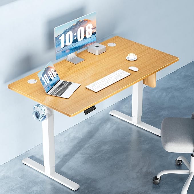 DUMOS 55 Inch Electric Standing Desk, Memory Adjustable Home Office Desk | Sit Stand Up Desk for Work Home Office,Adjustable Desk, Rising Computer Table with Splice Board,Cable Management,Hook,Oak
