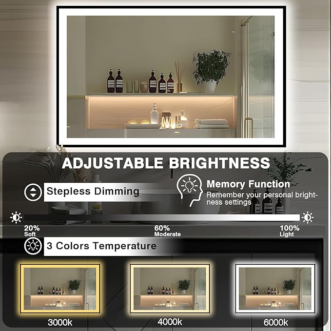 66x36 LED Lit Bathroom Mirror - Black Framed, Front and Backlit LED Mirror, Anti-Fog Bathroom Mirror with Lights, 3 Colors Stepless Dimmable Mirror, Touch Sense (Horizontal/Vertical)