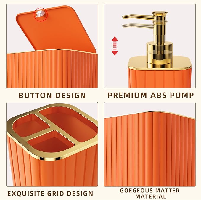 XLHOMO Bathroom Accessories Set - 25PC Bathroom Sets with Shower Curtain and Rugs, Orange Bathroom Accessories with Trash Can, Soap Dispenser, Soap Dish & Toilet Brush