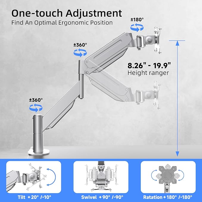 Suptek Ultrawide Monitor Arm Mount for 17 to 49 Inch Heavy Duty Curved Screen,Holds 46.2 lbs,Adjustable Gas Spring Monitor Arm Desk Mount Stand,75/100 Vesa Mount,Silver(MD71LS)