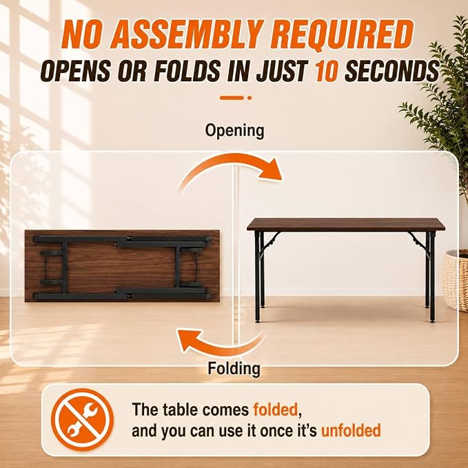 Folding Table Computer Desk - 55.1" No Assembly Folding Desk Design and Foldable Office Desk, Small Desk for Bedroom, Compact Storage Portable Use for Dorm and RV Small Space, Dark Walnut