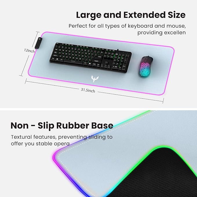 BladeHawks RGB Gaming Mouse Pad Extra Large Extended 31.5x12 Inch-Grey | LED mouse pad with 14 lighting modes, covers keyboard & mouse, anti-slip rubber base, waterproof surface, USB powered