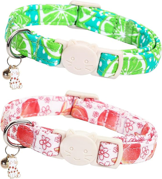 Cat Collar-2 Pack Cute Cat Collars Peach & Lemon Print Breakaway with Kitten and Bell Pendant Safety Buckle Pet Collar Soft Cotton Collar for Cats and Small Pets Gift