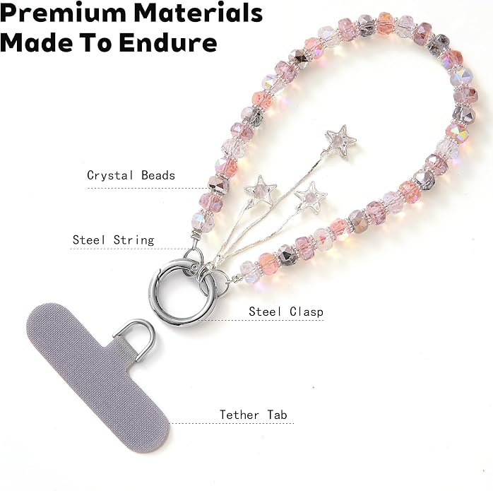 Phone Charm with Beaded Crystals, Anti-Theft Phone Strap, Hands-Free & Detachable Cellphone Lanyard, Cellphone Chain Wristlet with Tether Tab