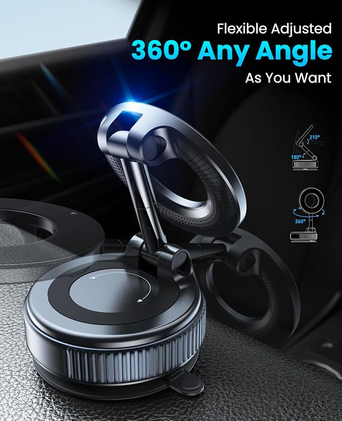 Jononser Magnetic Suction Cup Phone Mount for Magsafe, 360�� Adjustable Magnetic Car Phone Holder, Pocket Size Foldable Car Mount, Cell Phone Holders for Your Car for iPhone 17 16 15 14 13 12 Series