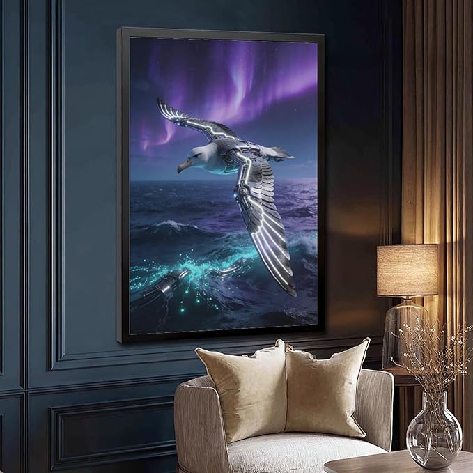 Framed Steampunk Mechanical Seagull Wall Art - Aurora Ocean Retro Poster for Bedroom Game Room Decor 20x30in