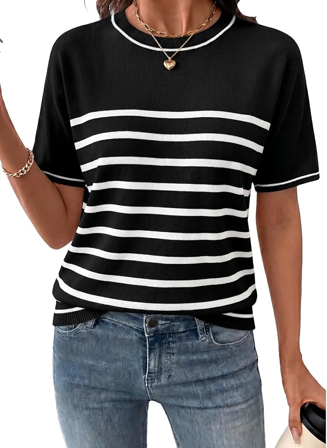 SHEWIN Womens Tops Trendy Short Sleeve Shirts Crewneck Lightweight Knit Sweater Top Business Casual Outfits