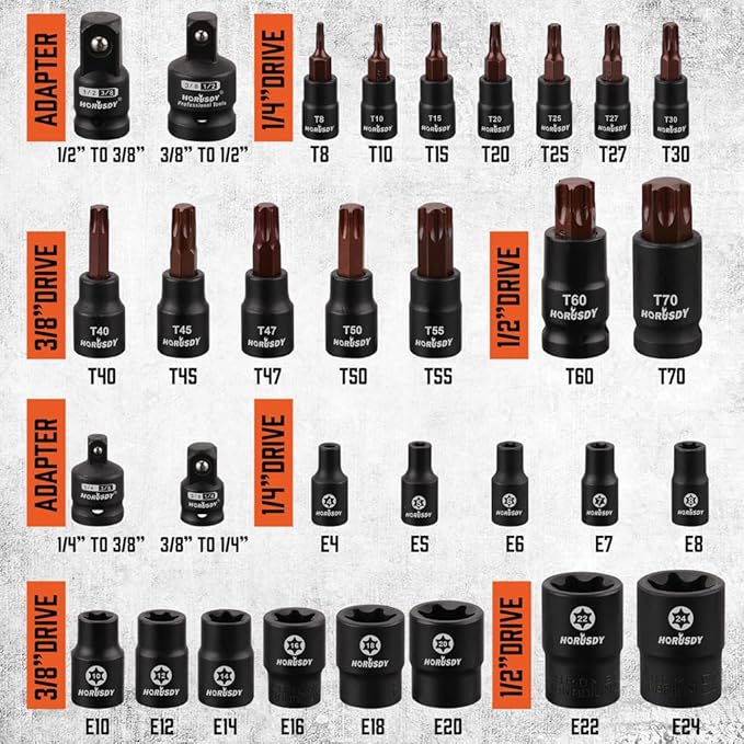 HORUSDY 31Pcs Torx Bit Socket Set,14 Star Bits (T8-T70) and 12 Female E-Torx Sockets (E4-E24), 4 Impact Socket Adapter Set with High Torque Laser Marked for Automotive Mechanic