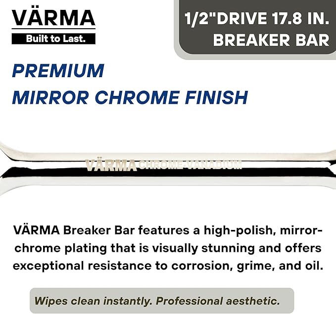 1/2-Inch Drive Breaker Bar, 18-Inch – Heavy Duty CR-MO Head & 18mm Thick Shaft – Dual-Knurled Non-Slip Grip, Constant Tension Flex Head, Premium Mirror Chrome Finish