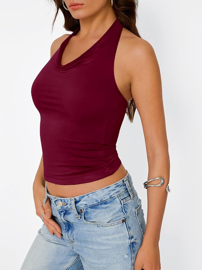 Trendy Queen Halter Tops for Women Going Out Summer Top | Cowl Neck Shirts, Sexy Backless, Fashion Y2K Clothes, Perfect for Party, Club, Vacation, Pair with High-waisted Bottoms