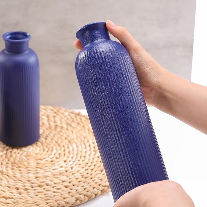 Small Navy Blue Ceramic Vase Set of 3, Boho Modern Navy Blue Flower Vase Room Decor, Farmhouse Decor, Vases for Your Kitchen, Bathroom, Bedroom, Living Room, Office&Shelf Centerpiece Table Decorations