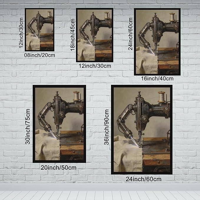 Framed Steampunk Mechanical Sewing Machine Wall Art - Retro Industrial Workshop Poster for Home Office Studio Decor 16x24in