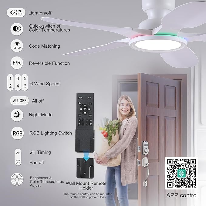 52 Inch Ceiling Fans with Lights and Remote/APP Control, Low Profile Ceiling Fans with Dimmable White + RGB Ring Lights, 6 Speeds 5 Curved Blades for Kids Room Bedroom Bar, White