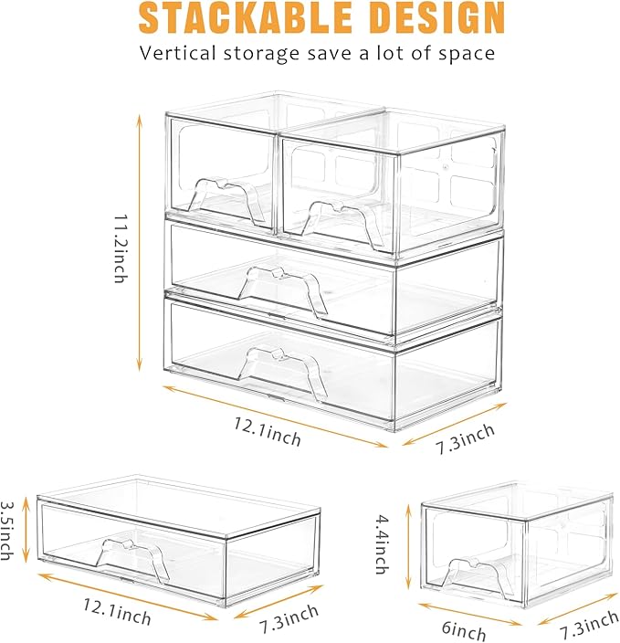 4 Pack Stackable Storage Drawers, Clear Acrylic Organizer, Makeup Organizer | with Pull-out Drawer,Pantry Organization for Beauty Supplies,Ideal for Vanity, Bathroom,Cabinet