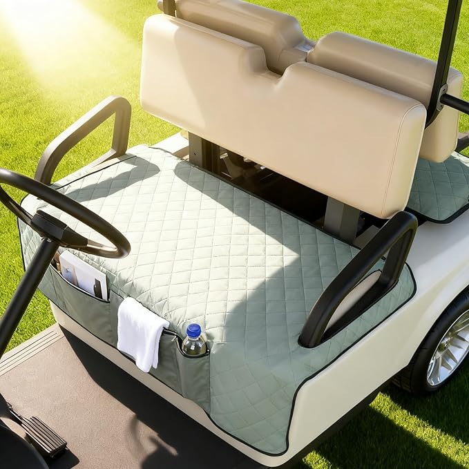 Kaskawise Golf Cart Seat Covers,Universal Golf Cart Seat Towel Blanket with 4 Front Pockets & Nonskid Bottom Fits for EZGO, Yamaha, Club Car DS Precedent and More 2 Person Seats Golf Carts (Grey)