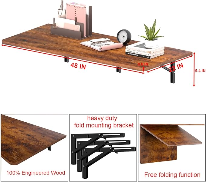 IAE 48x22in Floating Fold Desk,Wall-Mounted Folding Computer Table,Rustic | Study Table with Shelf Brackets,Foldable Down Shelf with Engineered Wood,Fold Computer Desk for Small Apartment,Holds 506 lb