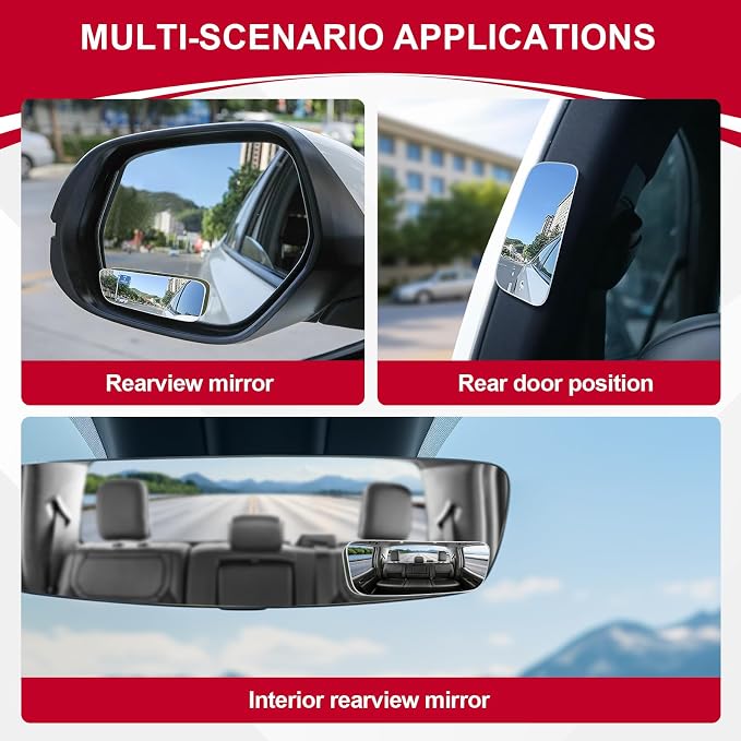 LivTee Blind Spot Mirror, Rectangular Shaped HD Glass Frameless Convex Rear View Mirror with wide angle Adjustable Stick for Cars SUV and Trucks, Pack of 2