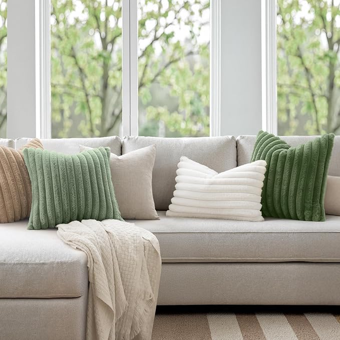 MIULEE Faux Fur Decorative Throw Pillow Covers 20x20 Set of 2 Moss Green | Modern Soft Plush Couch Pillows, Cozy Fluffy Cushion Covers for Sofa Bed Living Room Home Decor