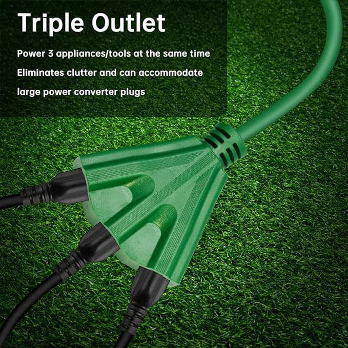 3-Outlets Indoor Outdoor Extension Cord Weatherproof, UL Certified, 16 Gauge 15FT Green 3 Prong Heavy Duty, 16/3 SJTW 13A Power Cord