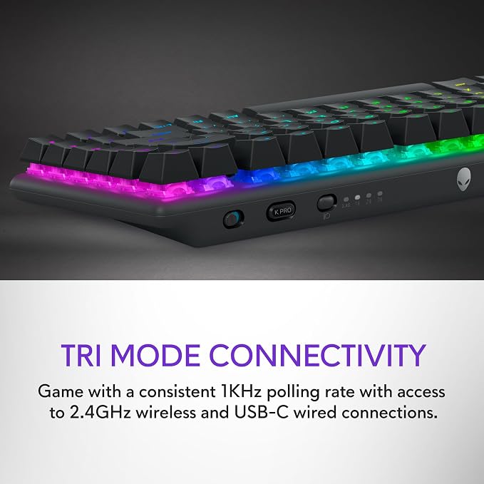 Alienware Pro Wireless Gaming Keyboard, Linear Mechanical, RGB | 2.4GHz, Bluetooth 5.1, USB Wired, N-Key Rollover, Adjustable Height, PBT Double-Shot Keycaps, Dark Side of the Moon