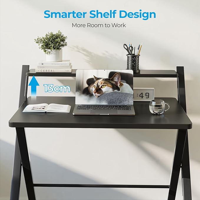 GreenForest Folding Desk No Assembly, Sturdy Computer Desk for Small Spaces | Portable Foldable Table for Laptop, 2-Tier Compact with Shelf, Space Saving for Home Office, Dorm, Apartment 24.5"x 30" Black