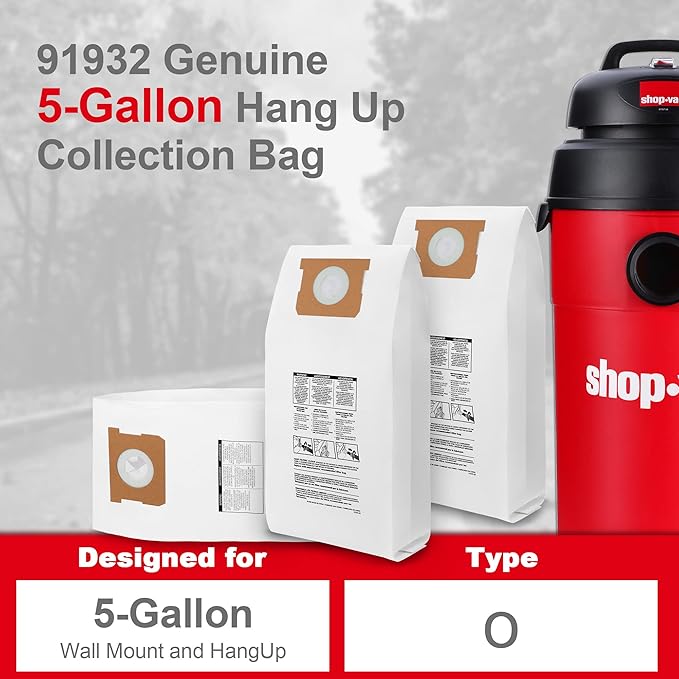 Shop-Vac 6 Gallon 4.0 Peak HP Wet/Dry Vacuum, Wall Mountable Compact Shop Vacuum 91932 Dust Collection Filter Bag for 5 Gallon Wall Mount Vacs, 6 Pack