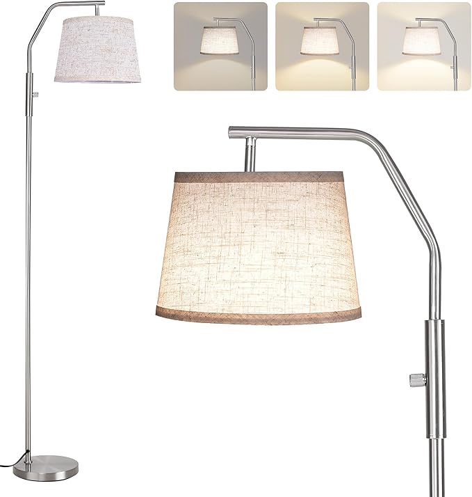 SUNMORY Floor Lamps for Living Room, 9W Bulb Included, Lamp for Bedroom with Adjust Head, Standing Lamp with Rotary Switch, 0-100% Dimmable Floor Lamp for Living Room Bedroom Office Nursery, Nickel.
