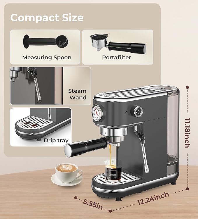 atatix 20 Bar Espresso Machine with Milk Frother, Compact Espresso Maker | Stainless Steel Coffee Machine with Precise Temp Control, 44oz Removable Water Tank for Latte, Cappuccino, Dark Grey