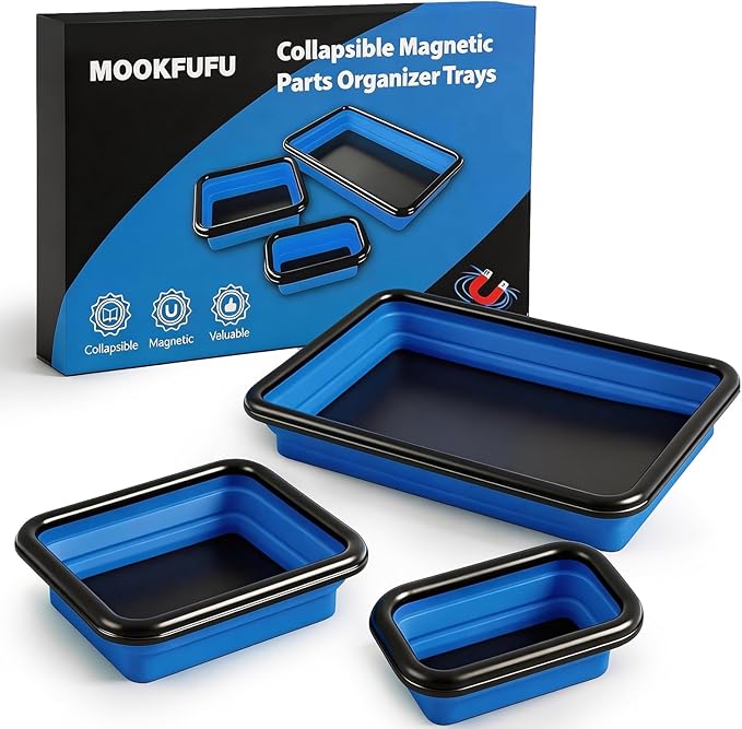 Collapsible Magnetic Parts Tray Set with Extra Strong Magnet Up to 18LB, 3 Different Size Silicone Foldable Tool for Organizing Screw Bolts Nuts Washers Pins and Other Small Metal Parts -Blue